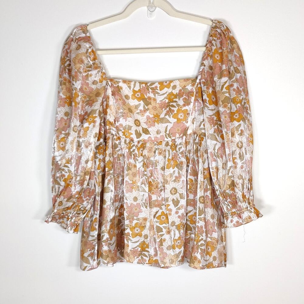 Milkmaid Puff Sleeve Blouse Metallic Floral Boho Romantic L‎ Peplum Top